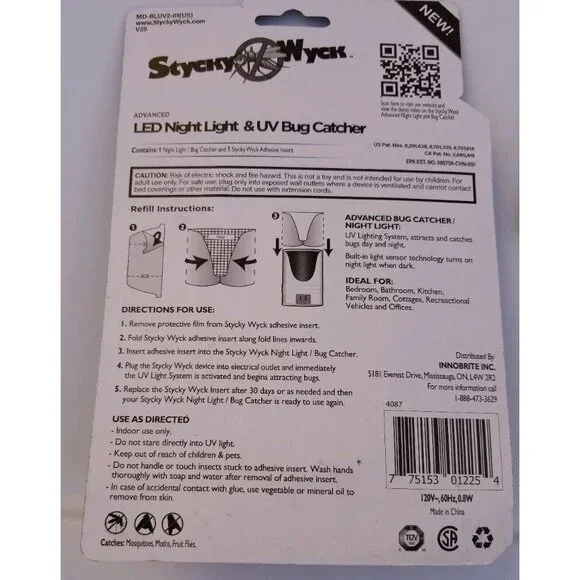 2 Stycky Wyck LED Night Light/UV Bug Catcher Mosquito/Moths/Flies + 2 Refills - Picture 4 of 7